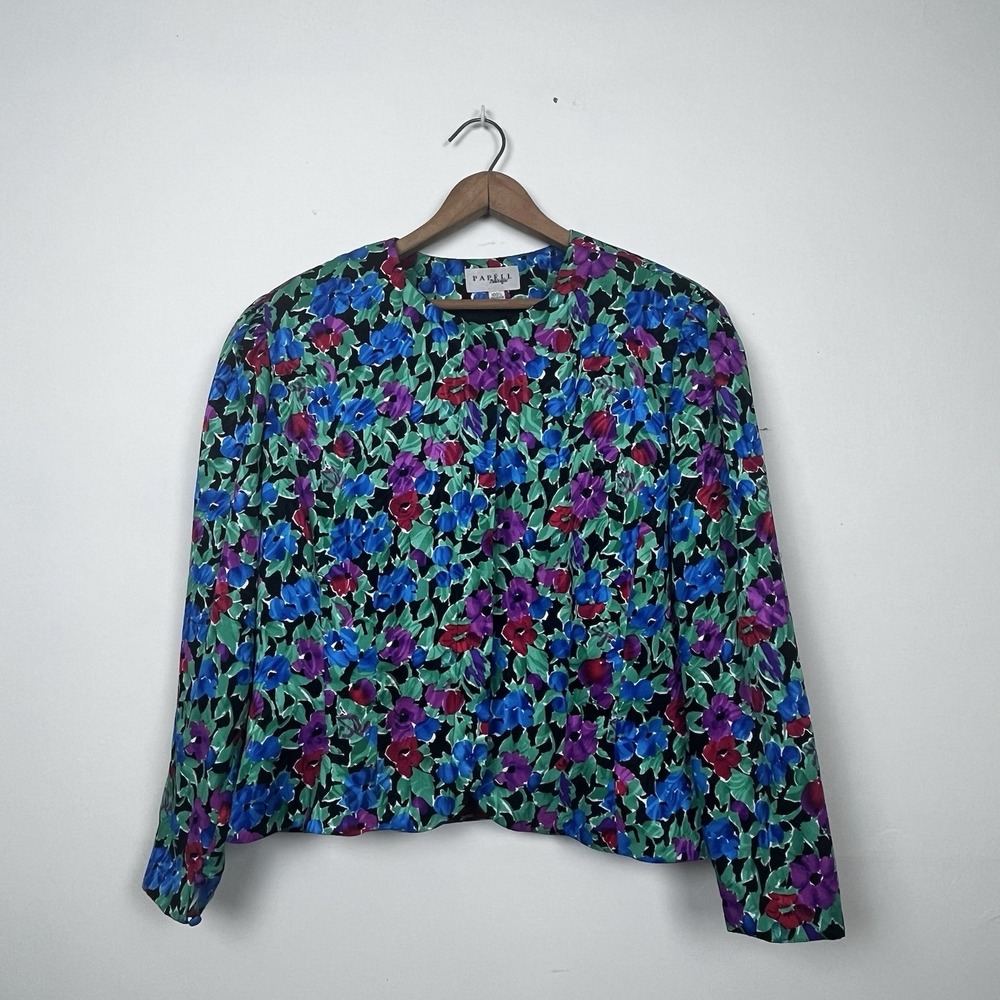 Papell Boutique Vintage Floral Blouse Blue Purple Green Garden Print Size 16